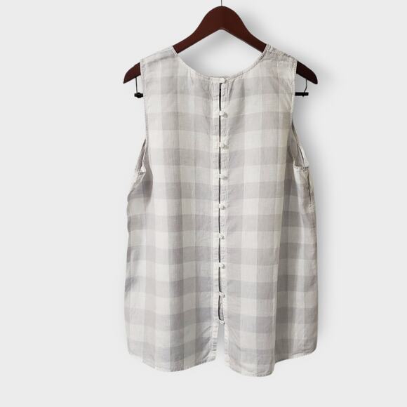 J. Jill Love Linen Gingham Plaid Sleeveless Top Gray White Large Button Back - Picture 4 of 11